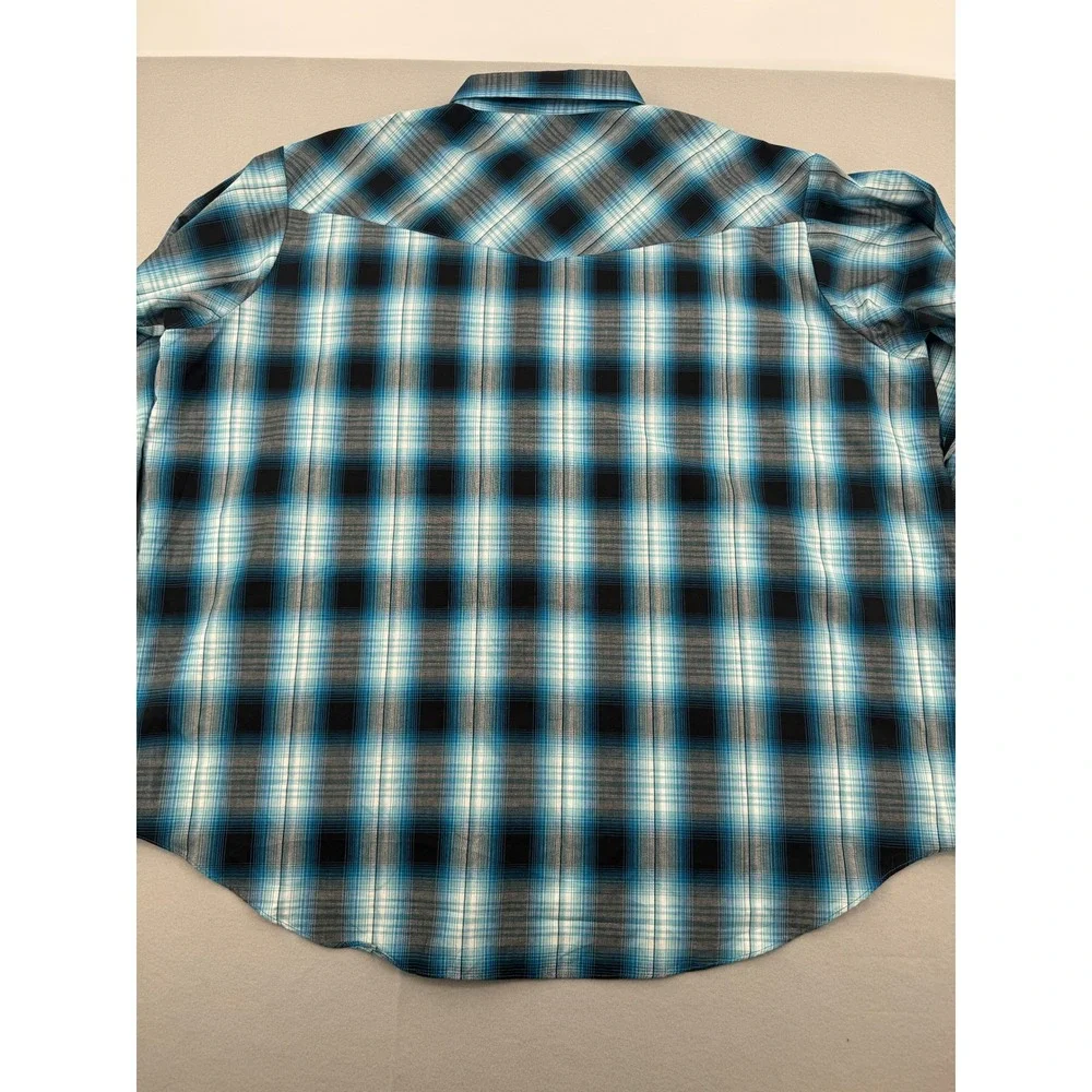 Ely Cattleman Pearl Snap Mens 4XB Blue Plaid Western Long Sleeve Shirt Cowboy